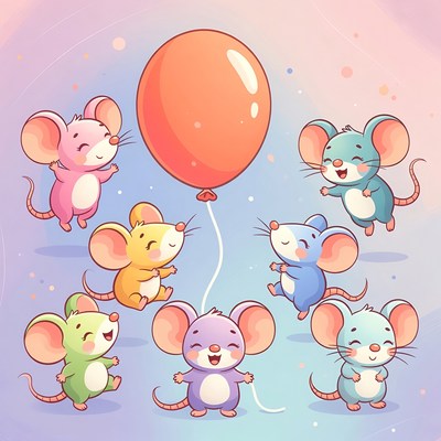 Cute cartoon mice holding red balloon