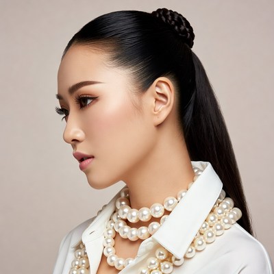 Asian woman in white shirt with pearl necklace