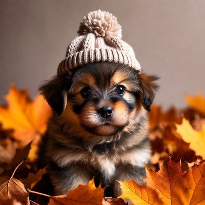 Puppy in Beanie Hat with Autumn Leaves