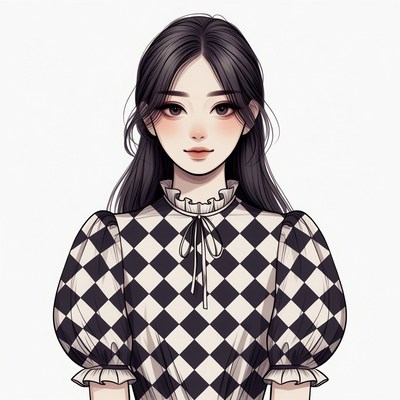 Asian woman in checkered blouse