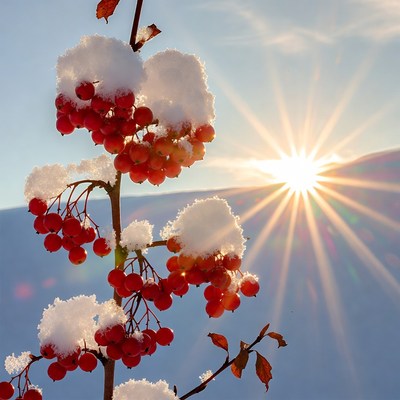 Snowy Red Berries with Sunburst