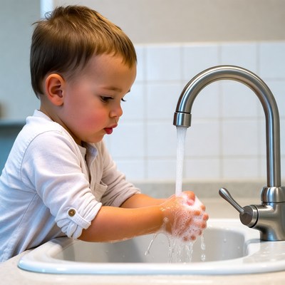 Toddler washing hands at sink