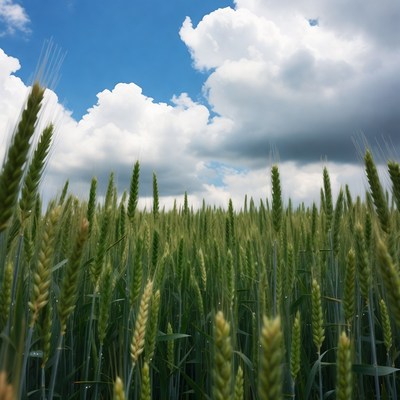 Green wheat field under blue sky