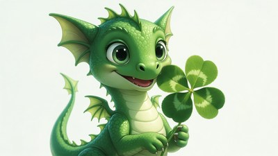 Cute green dragon holding shamrock