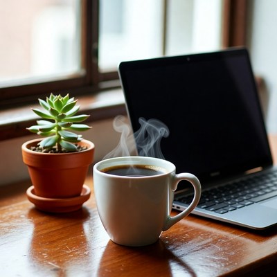 Coffee Cup Laptop Succulent Windowsill