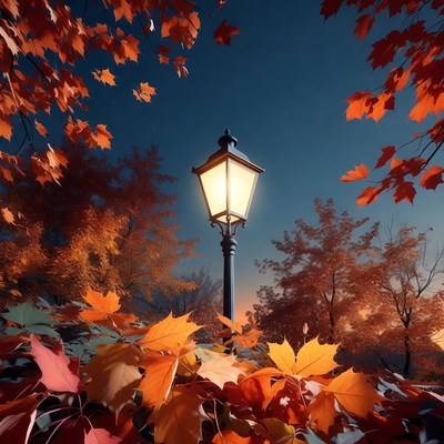 Vintage Street Lamp in Autumn Leaves