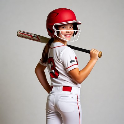 Girl in red softball helmet holding bat
