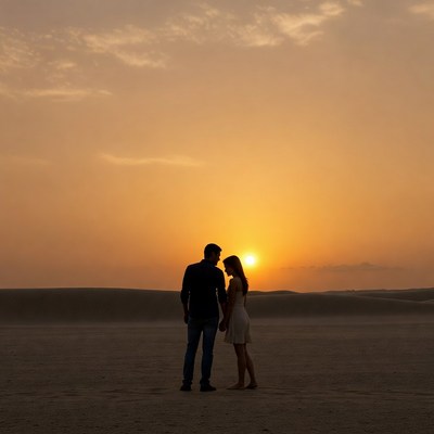 Silhouette couple watching sunset in desert