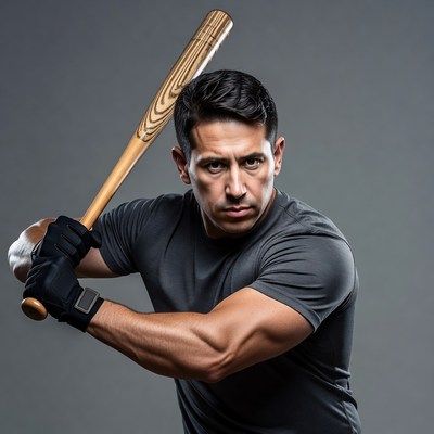 Latino man swinging baseball bat