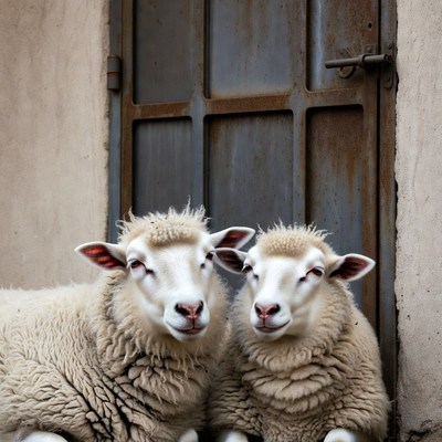 Two sheep sitting by rusty gate