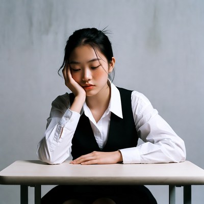 Asian girl tired at desk