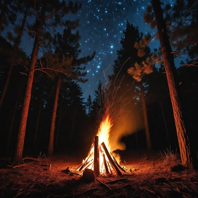Campfire Burning in Starry Pine Forest