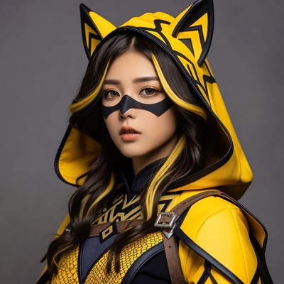 Woman in yellow cat ear hood costume