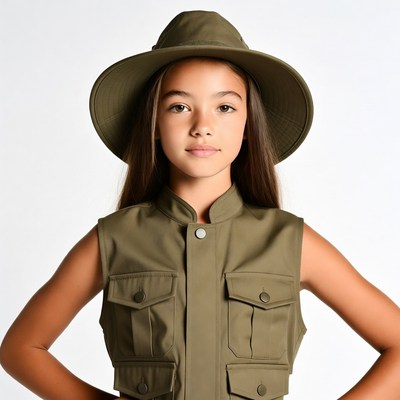 Girl in green safari hat and vest