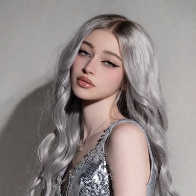 Woman with silver hair in sequin top