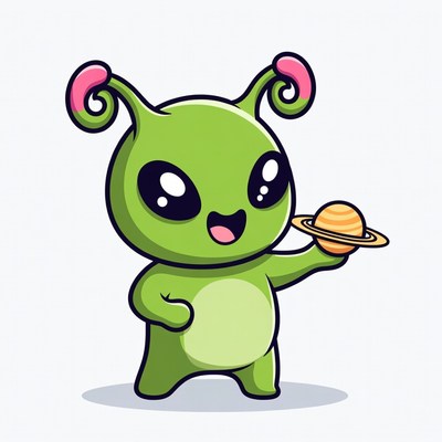 Cute green alien holding Saturn