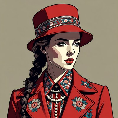 Woman in red embroidered hat and coat