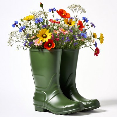 Colorful flowers in green rain boots