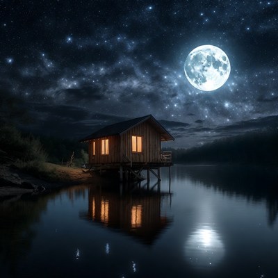 Cabin on lake under starry night sky