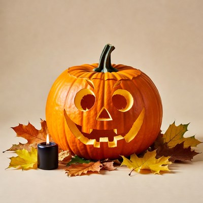 Jack-o'-lantern with candle and autumn leaves