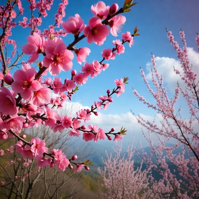 Pink Cherry Blossoms Against Blue Sky