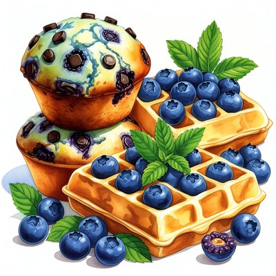 Blueberry Muffin and Waffles Illustration
