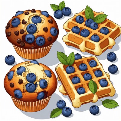 Blueberry Muffins and Waffles Illustration