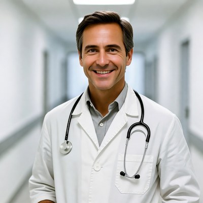 Smiling male doctor in hospital corridor