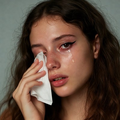 Woman crying with tissue