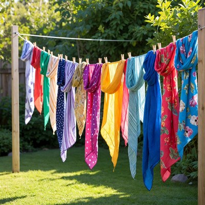 Colorful scarves drying on clothesline