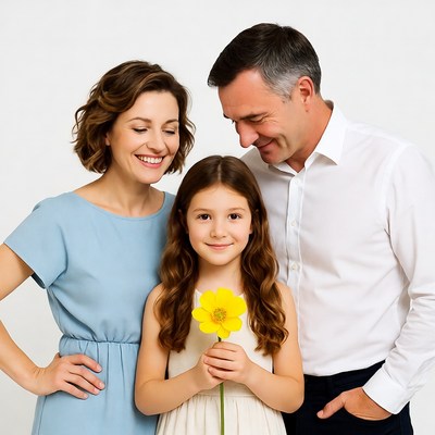 Family holding yellow flower