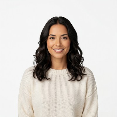 Smiling Latina woman in white sweater