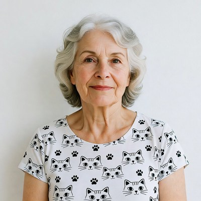 Elderly woman in cat print shirt