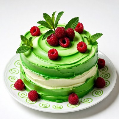 Green Cake with Raspberries and Mint