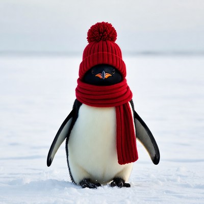 Penguin wearing red hat and scarf