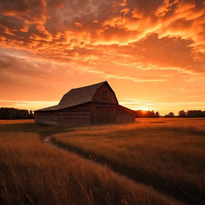 Red Barn in Sunset Field
