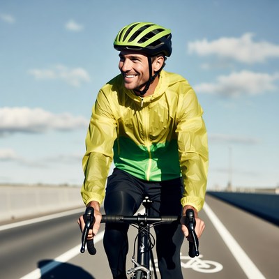 Man cycling on bridge in yellow rain jacket