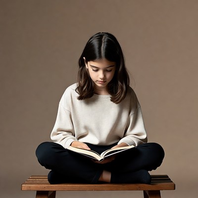 Girl reading book on bench