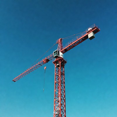 Red Construction Crane Against Blue Sky