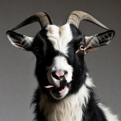 Black and white goat sticking tongue out