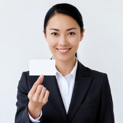 Asian woman holding blank card