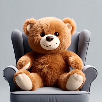 Brown teddy bear sitting in armchair