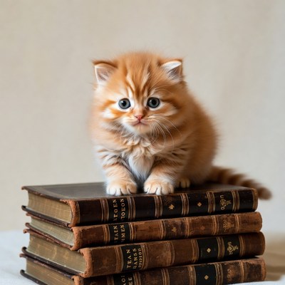 Kitten standing on stack of books