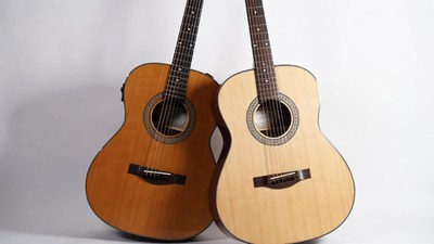 Two Acoustic Guitars on White Background