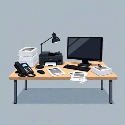 Office Desk with Computer and Printer