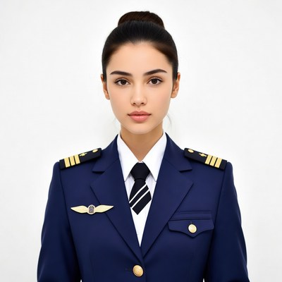 Woman in navy blue pilot uniform
