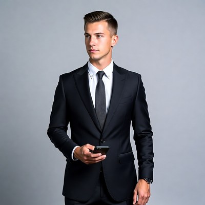 Young man in suit holding phone