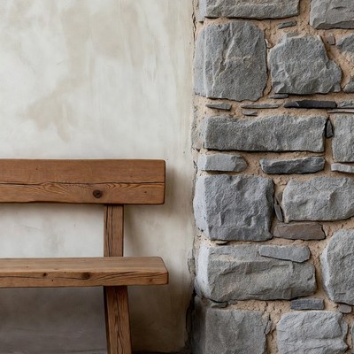 Wooden Bench Against Stone Wall