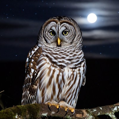 Barred Owl Perched on Mossy Branch