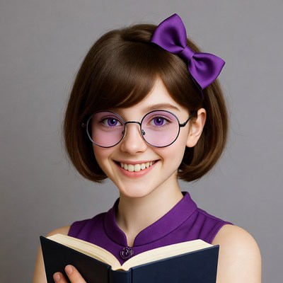 Girl with purple bow reading book